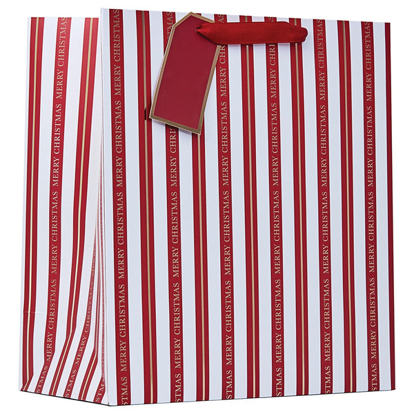Christmas Large Striped Gift Bag | Red Ribbon Handles, Gold-Edged Gift Tag