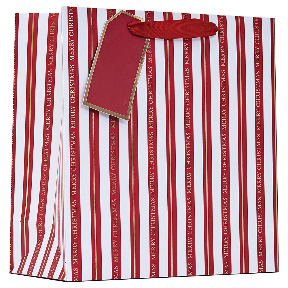 Christmas Festive Stripe Medium Gift Bag | Red Handles, Gold-Edged Gift Tag