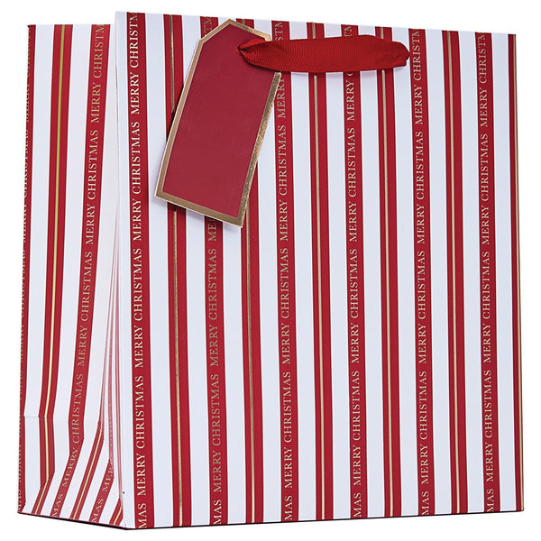 Christmas Festive Stripe Medium Gift Bag | Red Handles, Gold-Edged Gift Tag