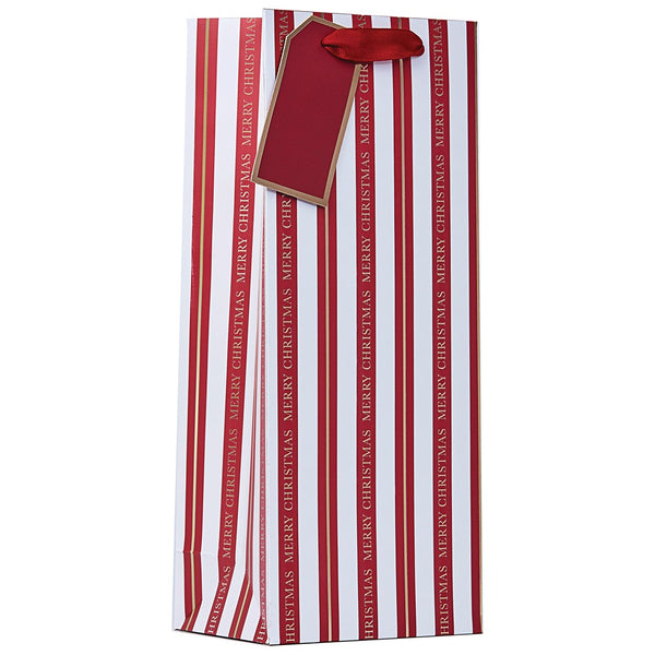 Christmas Striped Bottle Gift Bag | Ribbon Handle, Merry Christmas Text