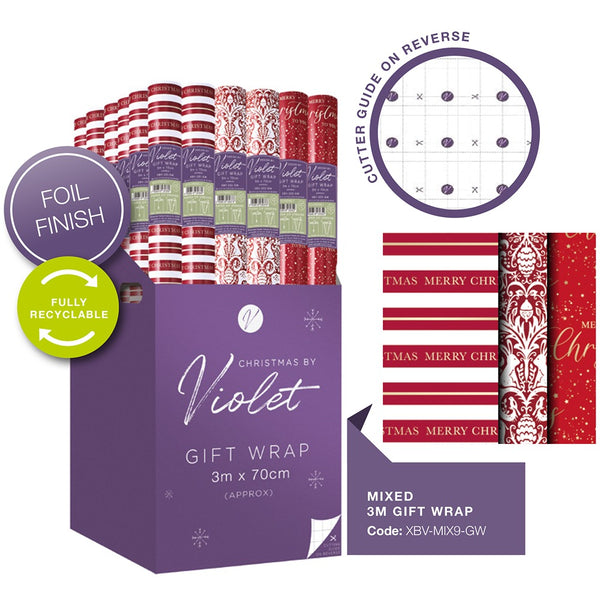 Christmas Assorted Gift Wrap Rolls | 3m x 70cm, Foil Finish, Recyclable