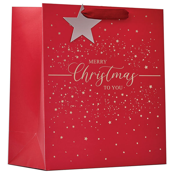 Christmas Merry Christmas Large Gift Bag | Red, Gold Script, Silver Star Tag