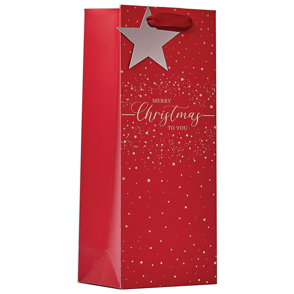 Christmas Red Merry Christmas Bottle Bag | Silver Star, Gusseted Sides