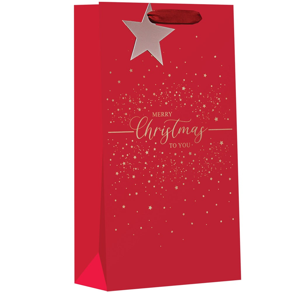 Christmas Merry Christmas Double Bottle Gift Bag | Red with Gold Stars, Star Tag