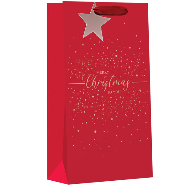 Christmas Merry Christmas Double Bottle Gift Bag | Red with Gold Stars, Star Tag