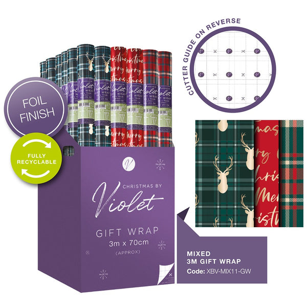 Christmas Tartan Mixed Gift Wrap | 3m x 70cm, Foil Finish, Recyclable