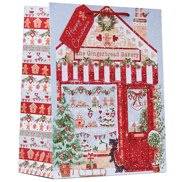 Christmas Gingerbread Bakery Gift Bag | Large, Red Cord Handle, Gift Tag