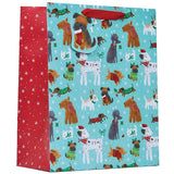Christmas Pups Large Gift Bag | Two-Tone Turquoise and Red, Ribbon Handles