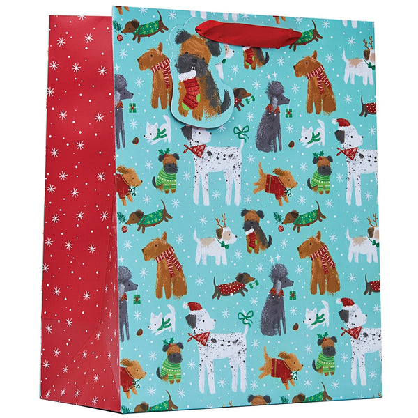 Christmas Pups Large Gift Bag | Two-Tone Turquoise and Red, Ribbon Handles