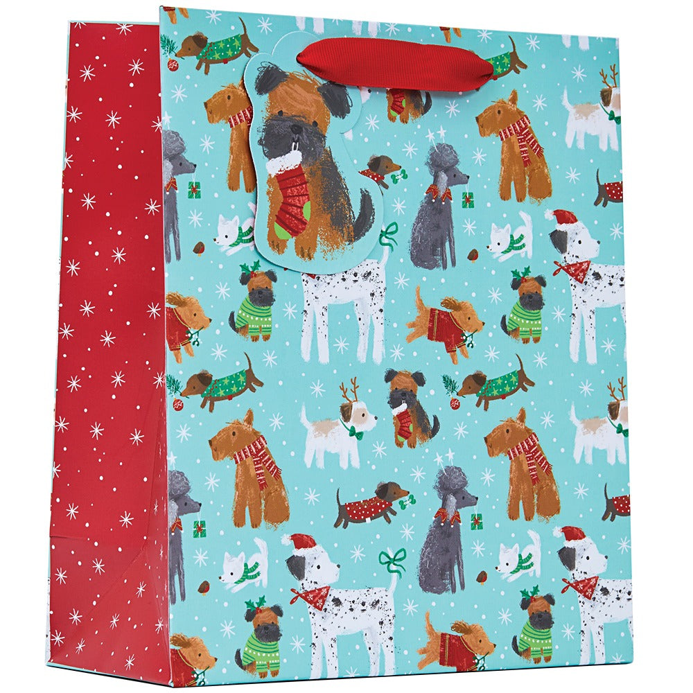 Christmas Pups Medium Gift Bag | Festive Dogs Design, Two-Tone Turquoise and Red