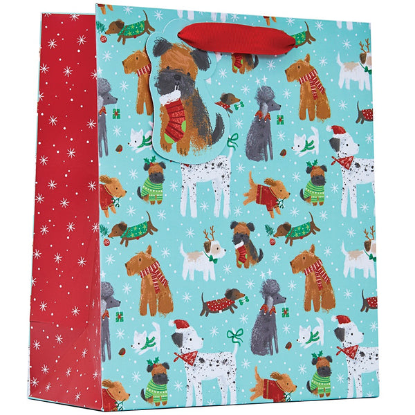 Christmas Pups Medium Gift Bag | Festive Dogs Design, Two-Tone Turquoise and Red