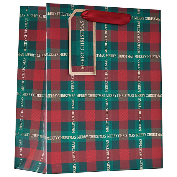 Christmas Tartan Medium Gift Bag | Merry Christmas Print, Gift Tag, Reusable