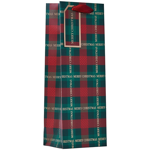 Christmas Tartan Bottle Gift Bag | Green and Red Tartan, Gift Tag, Ribbon Handle