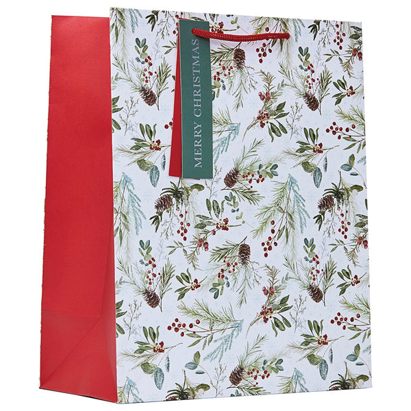 Christmas Frosted Foliage Large Gift Bag | Assorted Designs, Red Ribbon Handles