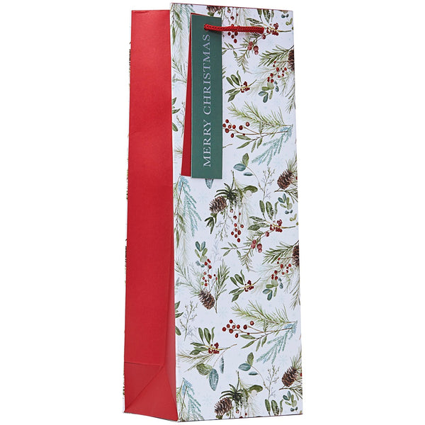 Christmas Frosted Foliage Bottle Bag | Botanical Christmas Motif, Red Handle