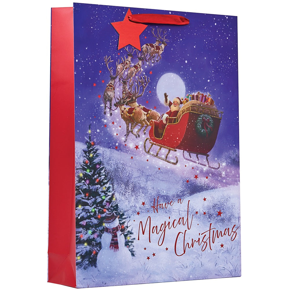 Christmas Santa's Sleigh Ride Gift Bag | XL, Purple and Red, Ribbon Handles