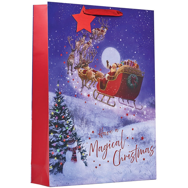 Christmas Santa's Sleigh Ride Gift Bag | XL, Purple and Red, Ribbon Handles