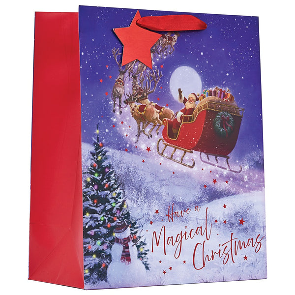 Christmas Santa's Sleigh Ride Large Gift Bag | 3D Red Star, Ribbon Handles