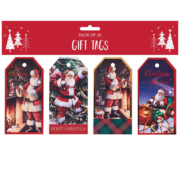 Christmas Traditional Gift Tags with Santa Designs | Pack of 16, Punched Hole