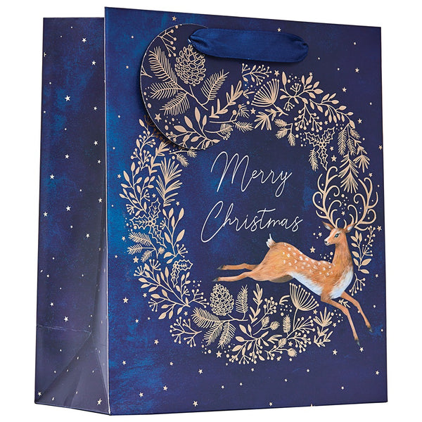 Christmas Reindeer Wreath Gift Bag | Medium, Navy, Gold Foil, Gusseted