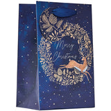 Christmas Reindeer Wreath Gift Bag | Small, Midnight Navy, Gold Foil