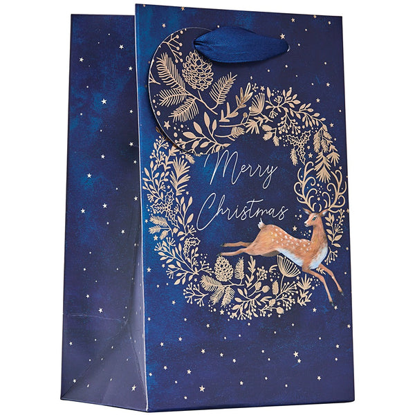 Christmas Reindeer Wreath Gift Bag | Small, Midnight Navy, Gold Foil