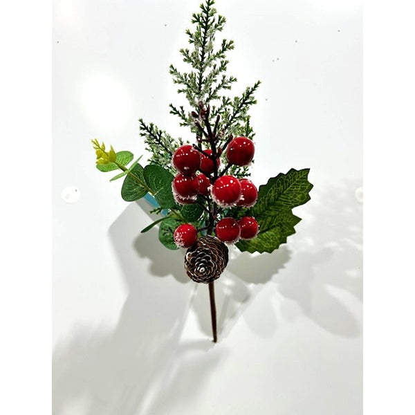 Christmas Berry Cone Pick with Snow | 31cm, Frosted Red Berries