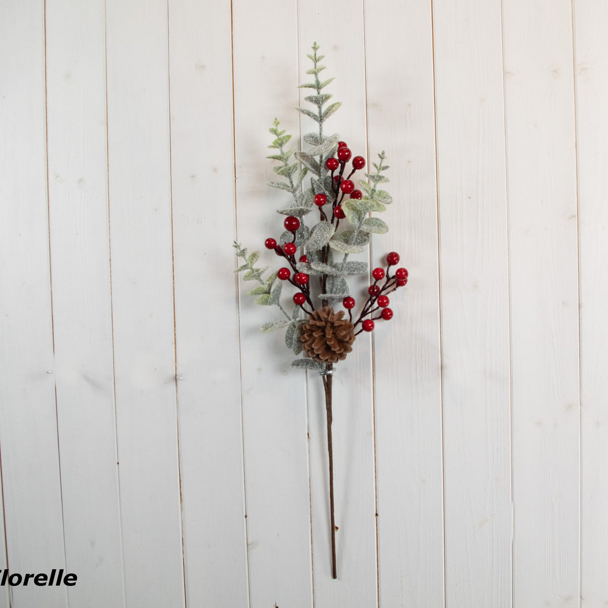 Christmas Flocked Eucalyptus & Berry Cone Stem - 66cm