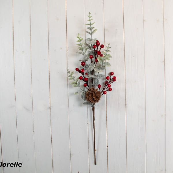 Christmas Flocked Eucalyptus & Berry Cone Stem - 66cm