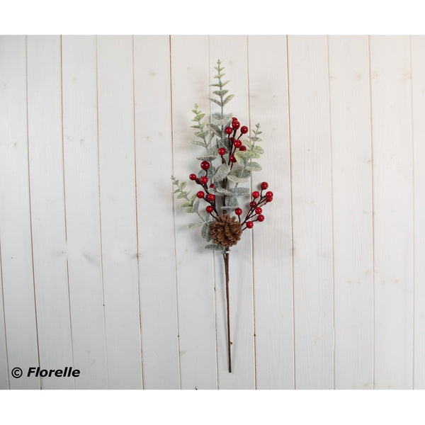 Christmas Flocked Eucalyptus & Berry Cone Stem - 66cm