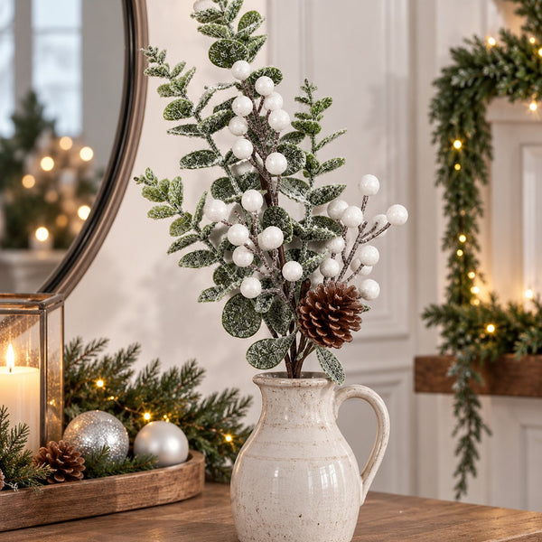 White Glitter Berry & Frosted Stem | 66cm Decorative Spray