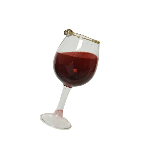 Christmas Tilted Stem Red Wine Glass Gold Glitter Rim | Coin Charm, Wide Bowl