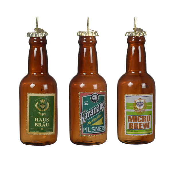 Christmas Amber Glass Beer Bottle Hanging Decoration | 12cm, Glitter-Trimmed