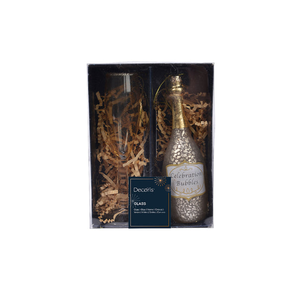 Christmas Champagne Bottle and Glass Ornament Gift Box | Gold, Glitter