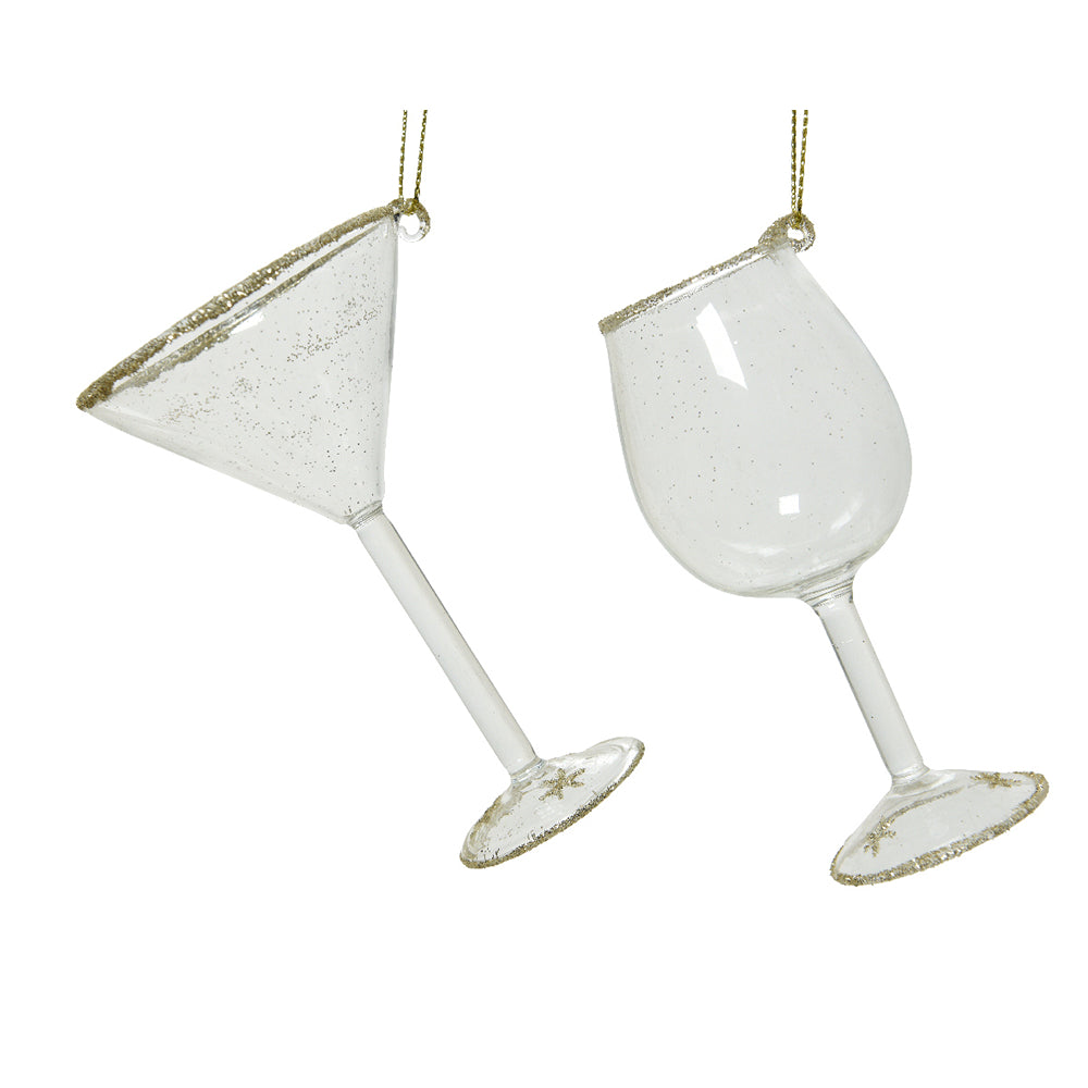Christmas Glitter Wine and Martini Glass Tree Ornament | H 10 cm, Gold Trim