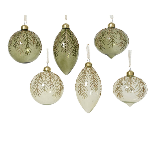Christmas Green and Cream Translucent Glass Bauble | 8cm, Gold-Glitter