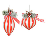 Christmas Olive Glass Striped Baubles | Set of 2, Bow, Pinecone and Berries