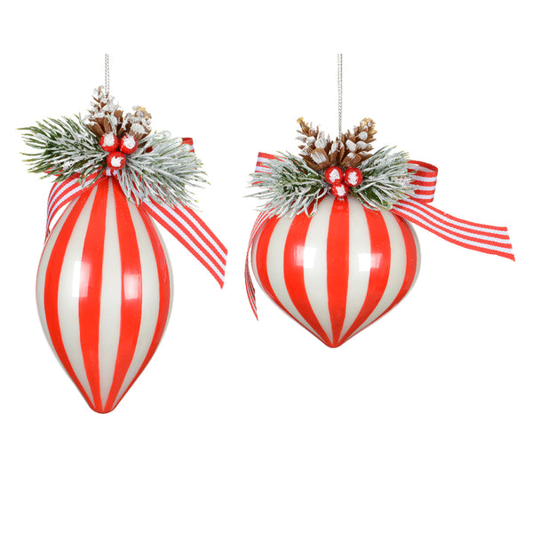 Christmas Olive Glass Striped Baubles | Set of 2, Bow, Pinecone and Berries