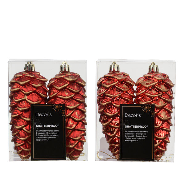 Christmas Red Shiny Glitter Pinecone Decoration | Pack of 2, Gold Hanging Cap