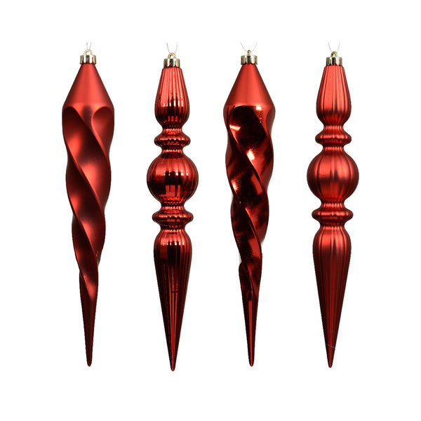 Christmas Red Sculpted Icicle Hanging Decoration | 30cm, Pack of 4, Shatterproof
