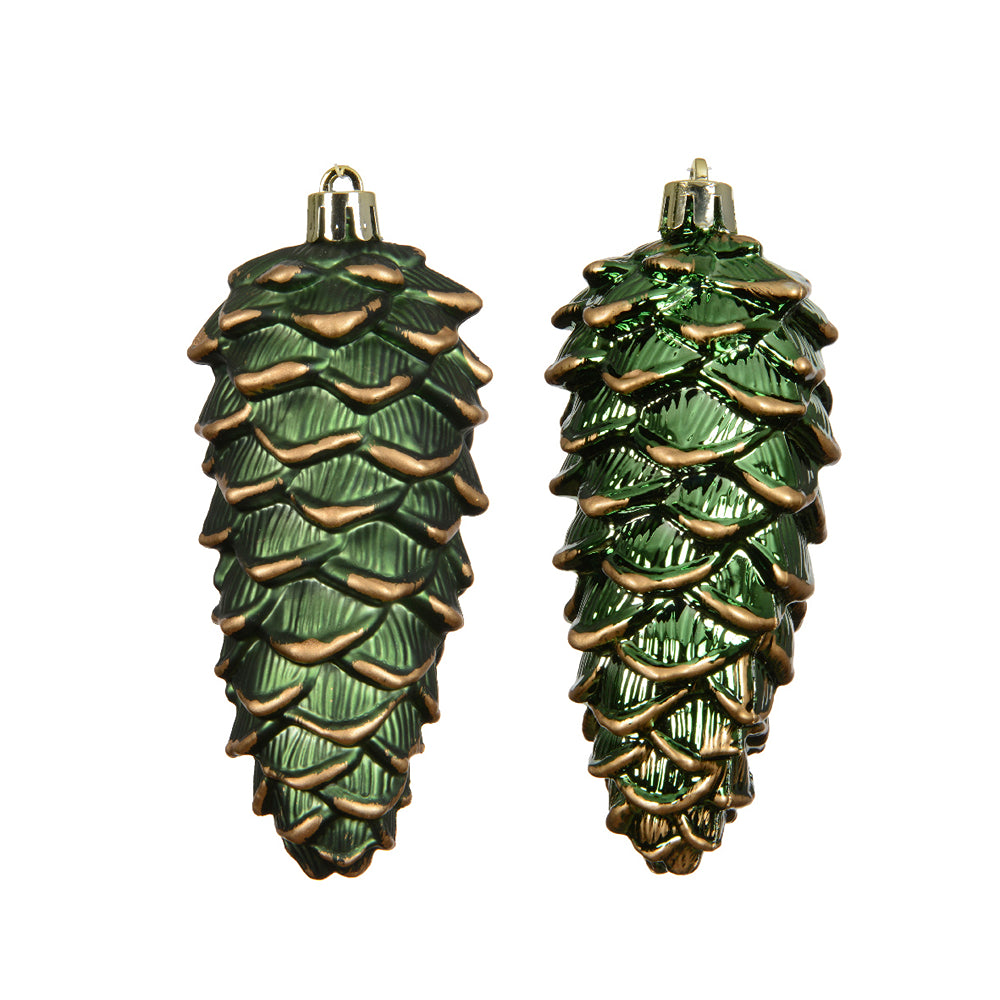 Christmas Green Shiny Glitter Pinecone Ornaments | Pack of 2, Gold-Toned Cap