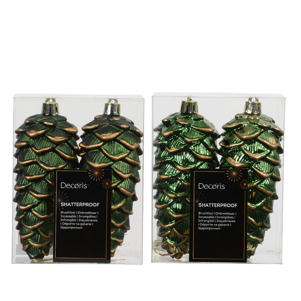 Christmas Green Shiny Glitter Pinecone Ornaments | Pack of 2, Gold-Toned Cap
