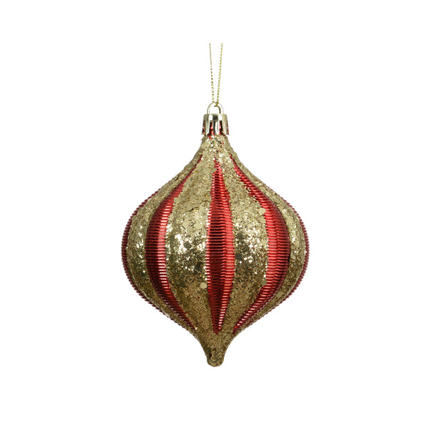 Christmas Red Gold Teardrop Polystyrene Ornament | Gold Glitter, Ribbed Stripes
