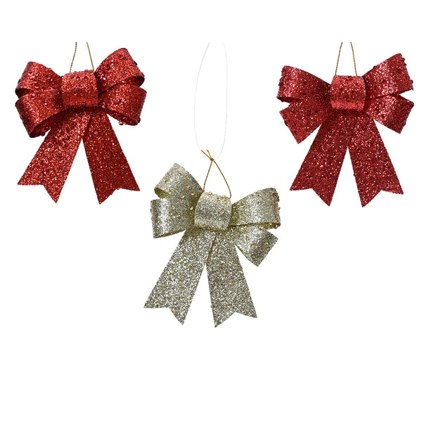 Christmas High-Glitter Pre-Tied Plastic Bow | Red, Gold, Hanging Loop
