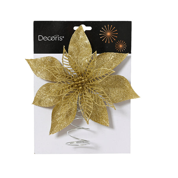 Christmas Gold Glitter Poinsettia Tree Topper | 22 cm, Spiral Mount