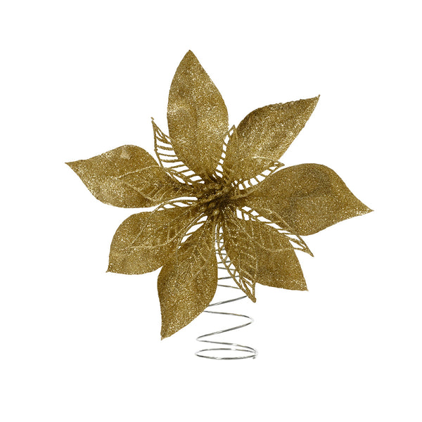 Christmas Gold Glitter Poinsettia Tree Topper | 22 cm, Spiral Mount
