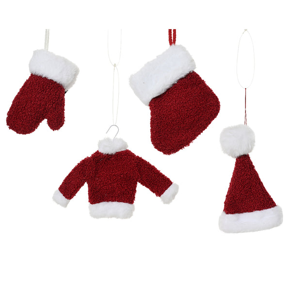 Christmas Santa Clothes Tree Ornaments Set of 4 | Red & White, Assorted Mini
