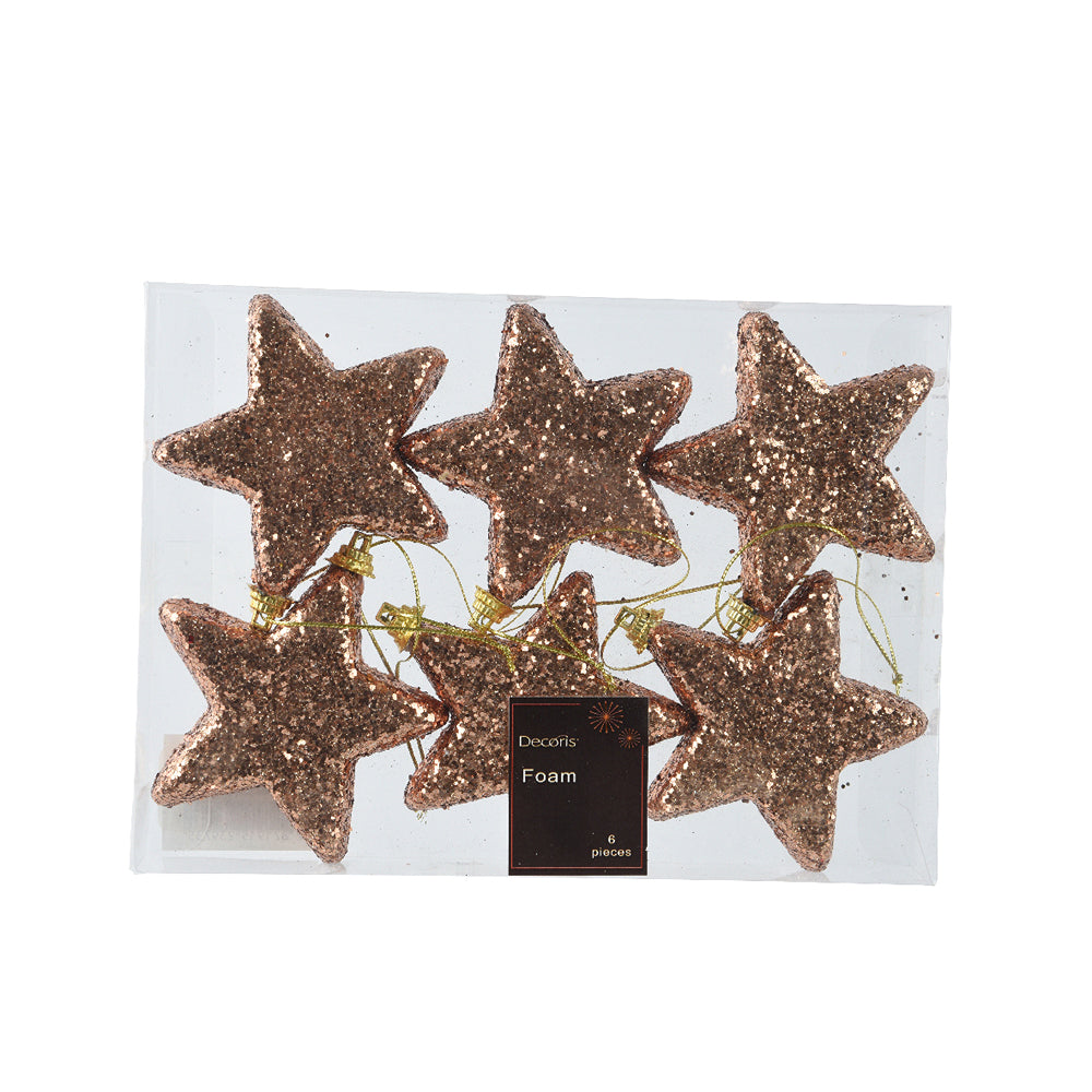 Christmas Rose Gold Foam Star Tree Decoration | Pack of 6, Glitter Finish