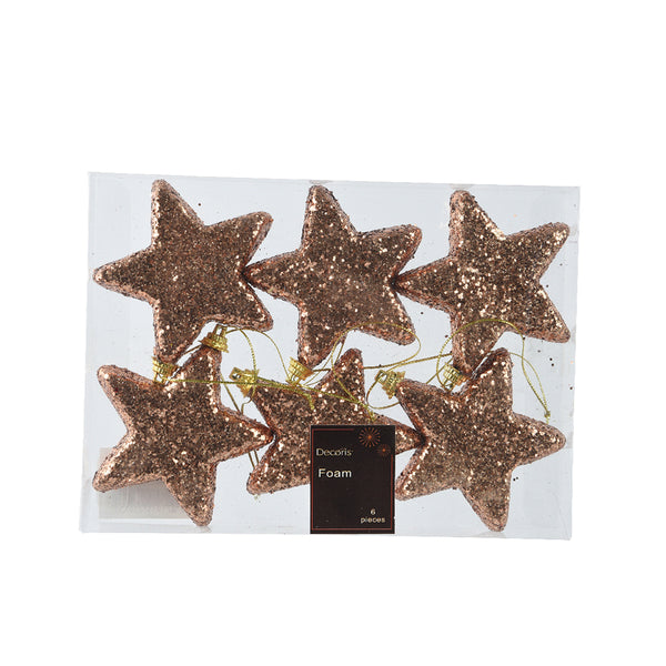 Christmas Rose Gold Foam Star Tree Decoration | Pack of 6, Glitter Finish