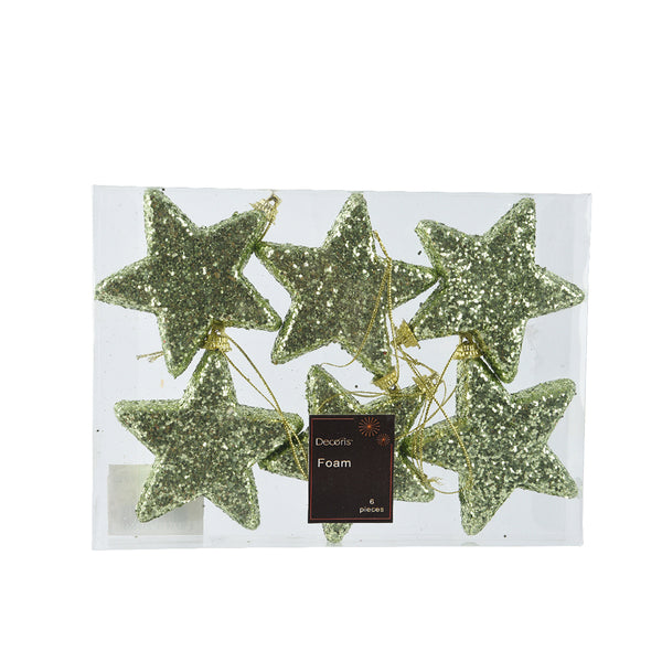 Christmas Green Glitter Star Tree Decorations | Pack of 6, Gold Hanging Cord